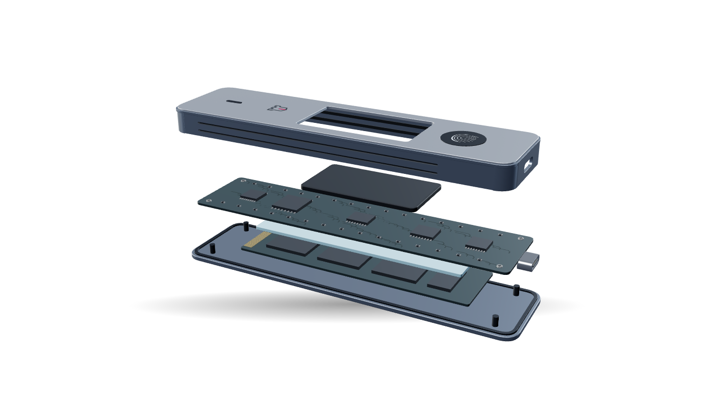 Schematic Keep interior: metal shell, display module, bridge board, thermal pad, NVMe SSD and bottom plate